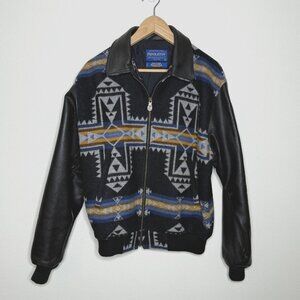 Pendleton Bomber Jacket Aztec Western Tribal Wool Leather Sleeves Size M
